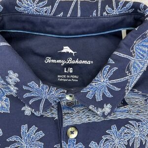Tommy Bahama Men Large L/G Polo Dress Shirt Hawaiian Blue Palm Tree Island Print